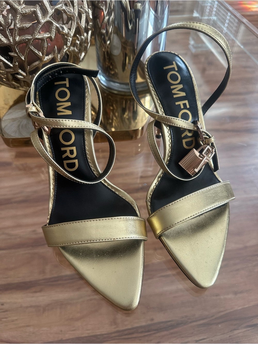 Tom Ford Metallic Gold Pointed-Toe Ankle-Strap Heels